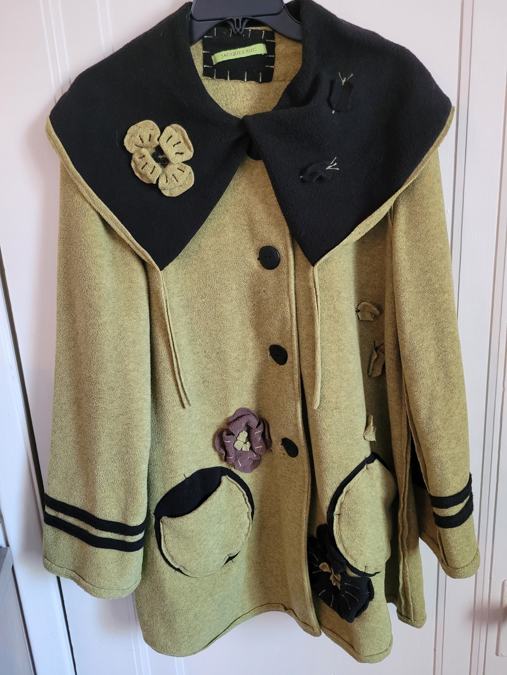 Women's Olive Green Pea Coat with Black Contrast Collar by